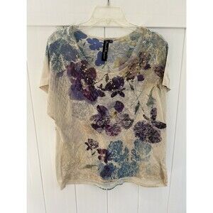 French Bazaar Womens Top Lace Front Floral Multicolor Embellished Sz Large